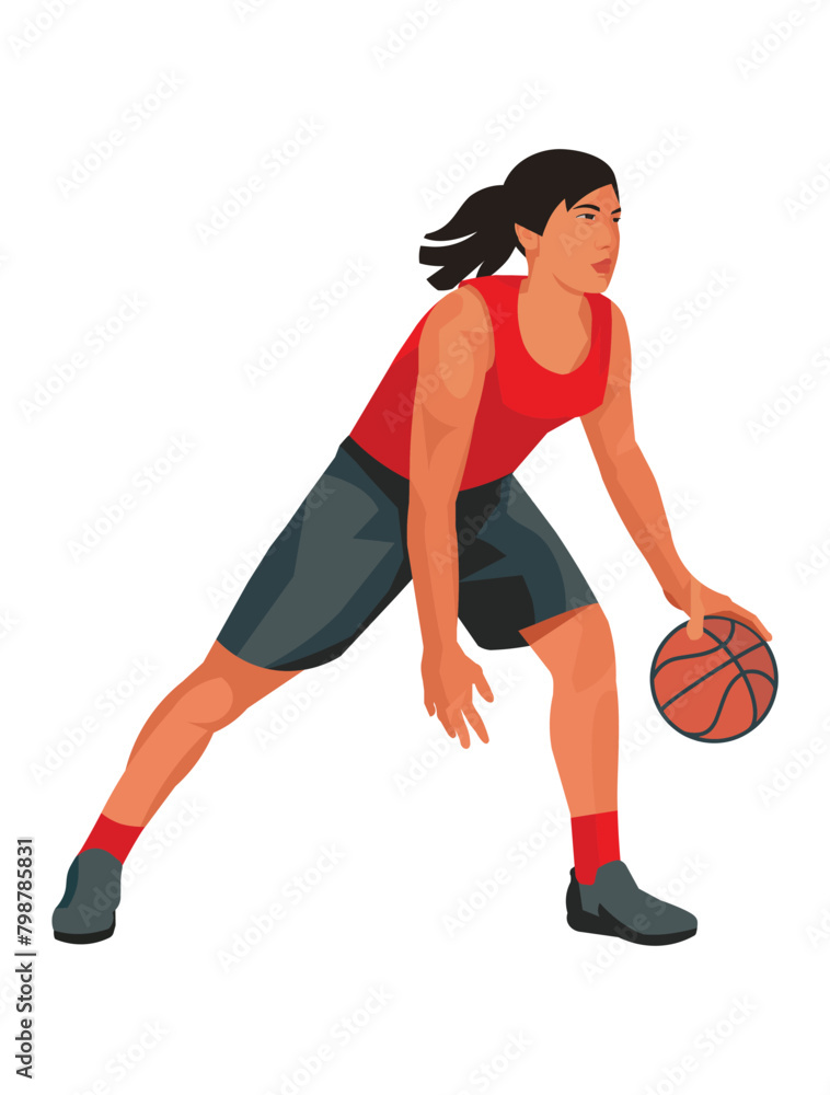 Asian women's basketball girl player in a red uniform dribble the ball protecting it Asian women's basketball girl player in a red uniform dribble the ball protecting it