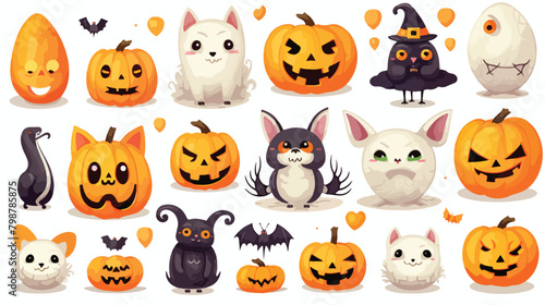 Cute kids Halloween set. Happy pumpkin funny cat ch