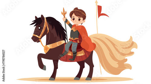 Cute knight boy in cloak holding sword on horse sti