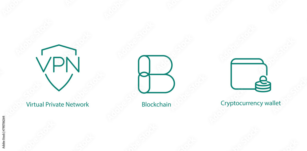 Digital Security Icons: VPN, Blockchain, Crypto Wallet Vector Set Digital Security Icons: VPN, Blockchain, Crypto Wallet Vector Set