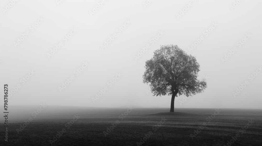 Fototapeta premium Solitary tree in a pasture surrounded by freezing fog. Copy Space.