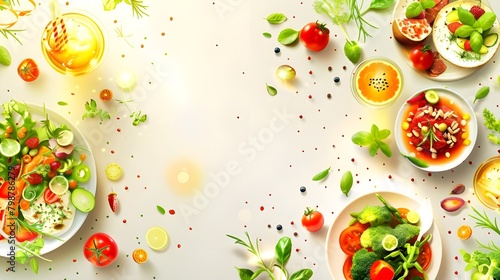fresh fruits with fresh vegetables on wooden table with blurred background of garden and sunlight