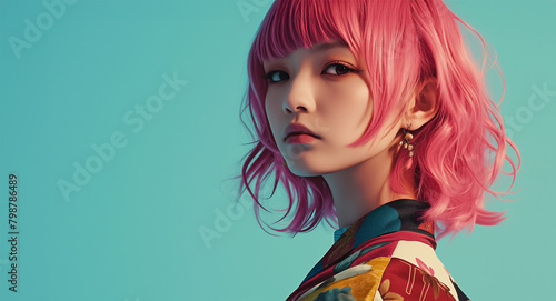 beautiful japanese woman with pink short hair wearing a colorful kimono and posing