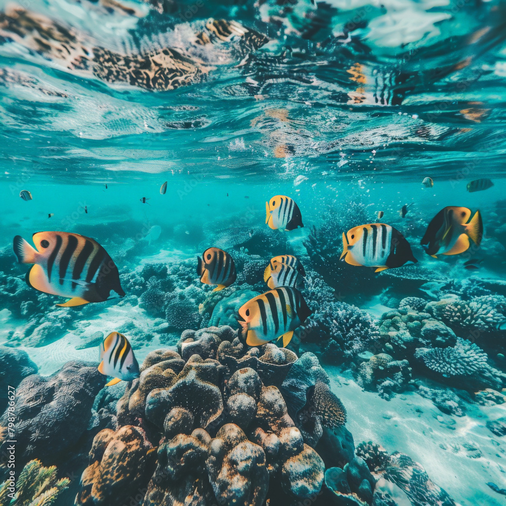 Fototapeta premium sea, underwater, water, coral, reef, fish, ocean, diving, tropical, nature, scuba, beach, snorkeling, travel, summer, marine, egypt, clear, blue, island, caribbean, dive, coral reef, sand, school