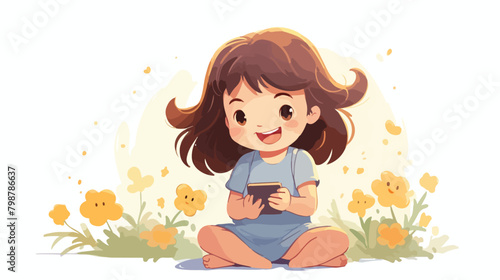 Cute little girl use smartphone vector flat illustr