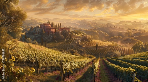 This is an image of a sunset over a rural Italian landscape. There is a villa in the middle of a lush  green vineyard. There are trees and rolling hills in the background. The sky is a bright orange a
