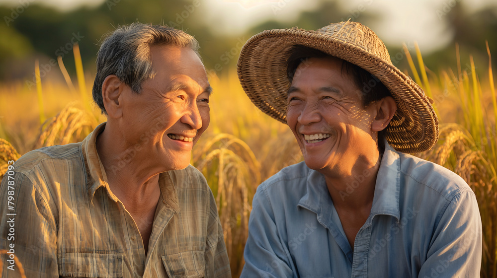 In a golden ripe Rice field, a retired Thai man and a young Thai adult share a lighthearted moment, In a golden ripe Rice field, a retired Thai man and a young Thai adult share a lighthearted moment,