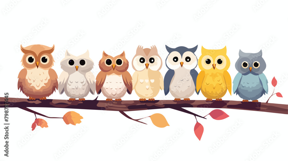 Cute owls sitting on tree branch in row. Funny curi