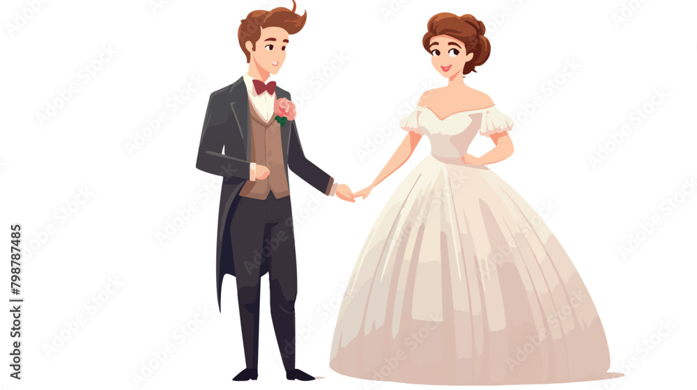 Cute pair of young fashionable bride and groom dres
