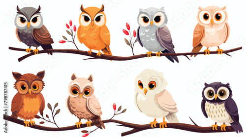 Cute owl birds set. Funny owlets feathered animals