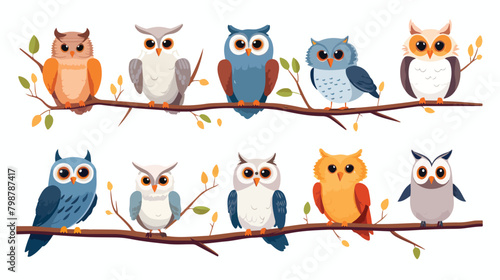 Cute owl birds set. Funny owlets feathered animals photo