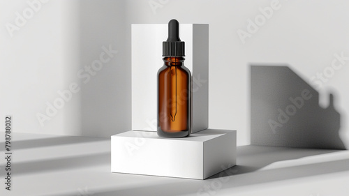 Amber glass dropper bottle mockup with white blank box isolated on white background photo