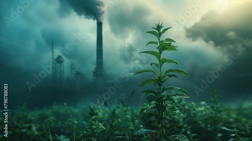 A resilient green plant thrives amid industrial chimney emissions. Reducing carbon through thought-provoking imagery.