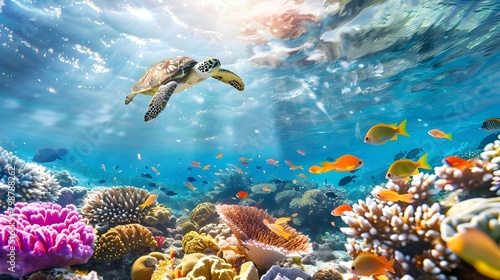 Turtle with group of colorful fish and sea animals with colorful coral underwater in ocean