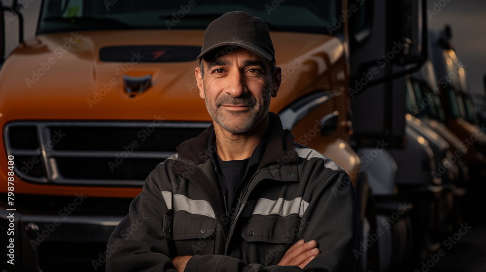 Confident Truck Driver Standing Proudly in Front of His Semi-Truck at Dusk