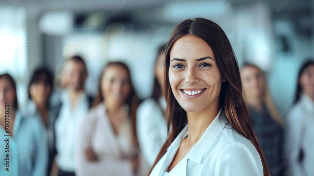 Beautiful business woman leader smiling in front of her team Beautiful business woman leader smiling in front of her team