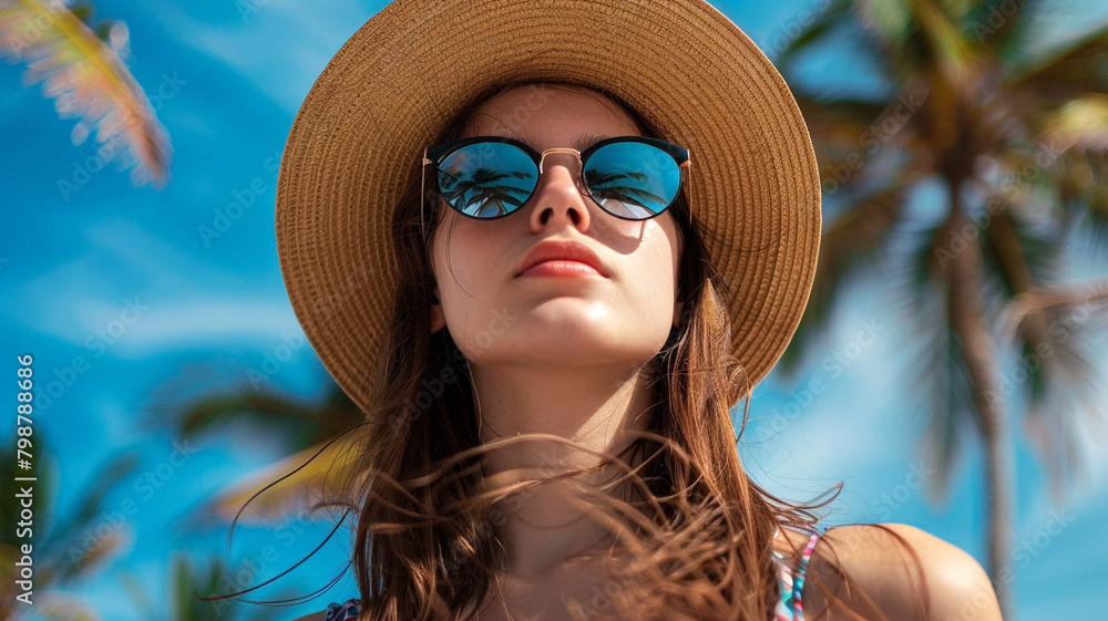 Beautiful woman in sunglasses and straw hat with palm trees at the beach Beautiful woman in sunglasses and straw hat with palm trees at the beach