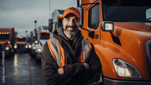 Confident Truck Driver Standing Proudly in Front of His Semi-Truck at Dusk