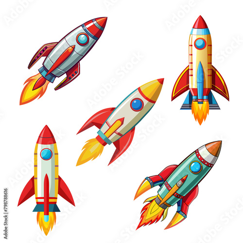 Set of rocket launch in the sky on white background