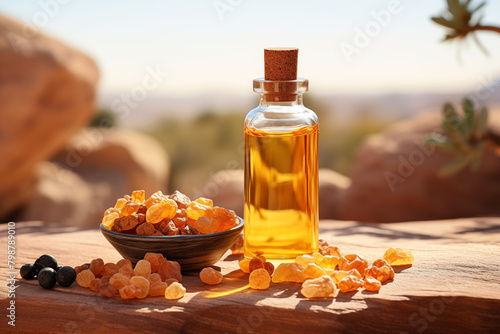 A bottle of Frankincense aromatherapy essential oil on natural background