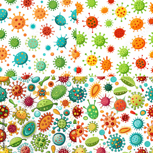 Set of different Kinds of Viruses Backgrounds. Bacteria Biology Organisms Seamless Pattern