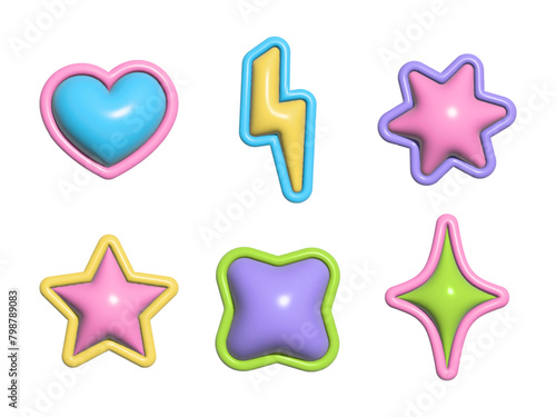 Set of 3d inflated elements with plasticine effect in y2k style. Heart, lightning, stars. Vector illustration