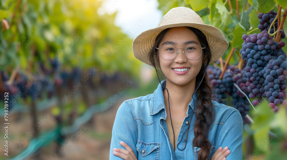 A portrait of a smart Asian female farmer under straw hat standing in ...