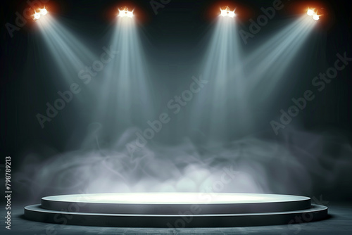 Illuminated empty stage with smoke and spotlights