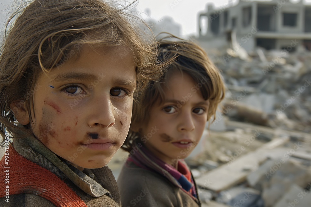 Serious sad children in destructed city as a result of earthquake natural disaster or war strike Serious sad children in destructed city as a result of earthquake natural disaster or war strike