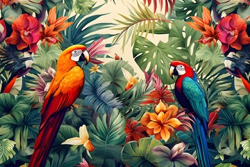Crédence de cuisine  Tropical wallpaper background with plants and birds  © Serene