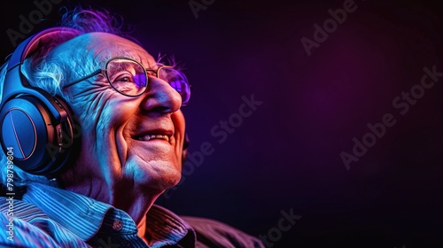 Senior man wearing headphones, listening music. Ultraviolet background.