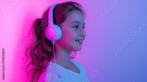 Teen girl wearing headphones, listening music. ultraviolet background.