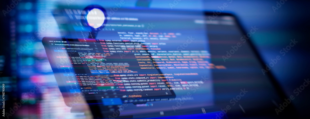 Working atmosphere of a programmer at home, background. Programming code abstract screen Working atmosphere of a programmer at home, background. Programming code abstract screen