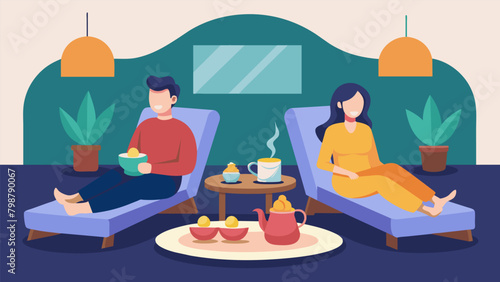 A relaxation room with comfortable loungers for a couple to unwind in after their treatments while sipping on herbal tea and enjoying healthy snacks..
