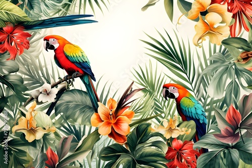 Wallpaper jungle and leaves tropical forest mural parrot birds old drawing vintage background © Serene