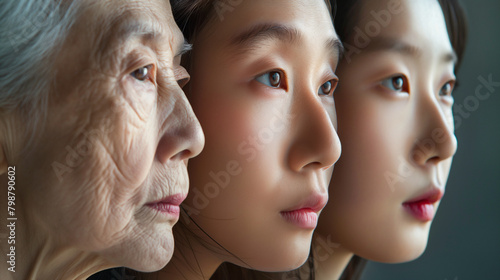 3 young asian twins, one half showcasing graceful wrinkles and natural aging, © Jirut