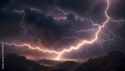 Multiple bolts of lightning striking ground against purple night sky, Generative AI.