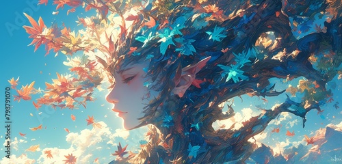 A beautiful painting of a tree with leaves in the shape of woman's face, a bright blue haired woman is standing under it, colorful leaves falling from her hair