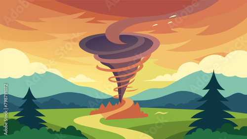 A tornado swirling through a peaceful landscape symbolizing the destructive force of bipolar mood swings.. Vector illustration
