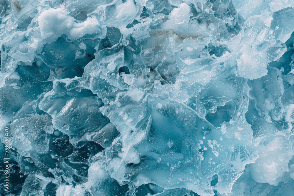 Obraz premium Textured surface of an iceberg, showcasing its rugged edges and icy formations. Iceberg textures offer a crisp and invigorating backdrop