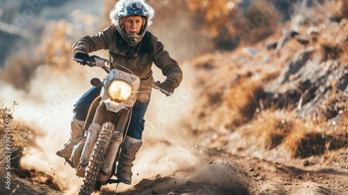Elderly woman riding a dirt bike on a rugged trail, dust flying around her © Sasint