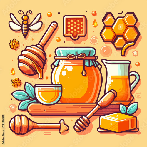Honey combs with honey dipper drop bee spoon
