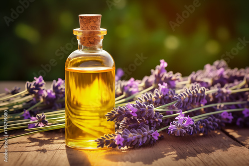 A bottle of Lavender aromatherapy essential oil on natural background