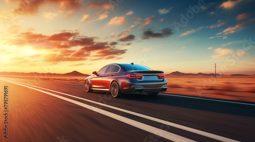 Modern car drive by road on high speed at sunset in a desert area © decorator