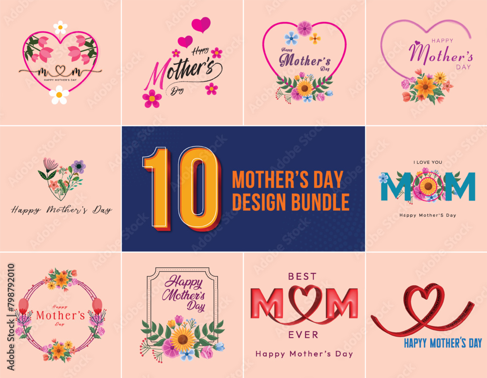 Happy Mother's Day Calligraphy abstract art background vector. Luxury minimal style wallpaper flower and botanical leaves, watercolor. Vector background for banner, and poster. 10 mothers day posts
