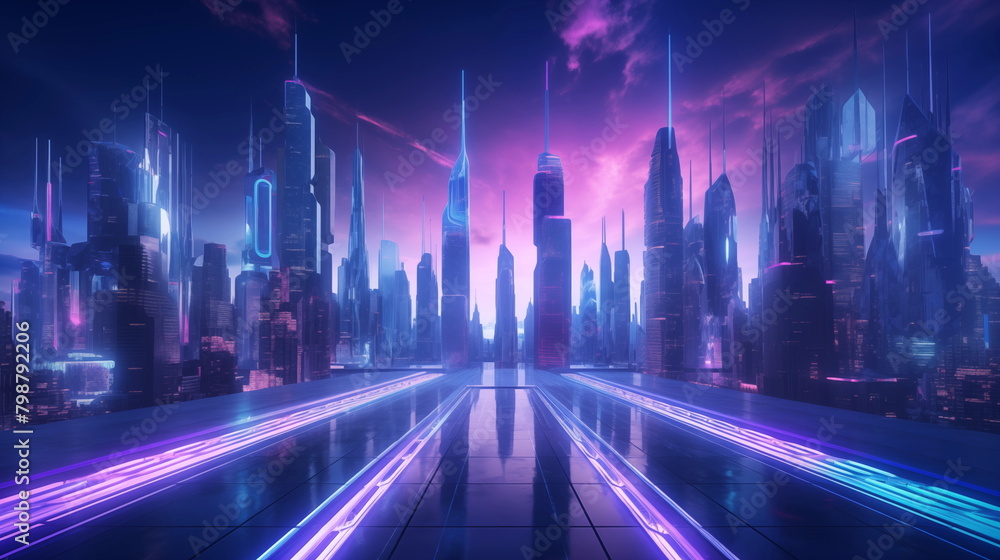 Night city street with neon illumination, metaverse technology glow buildings, perspective view from rooftop. Urban architecture, megalopolis infrastructure in darkness.