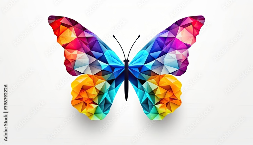 Vibrant polygonal butterfly, symbolizing transformation, set against a pure white background for a fresh look