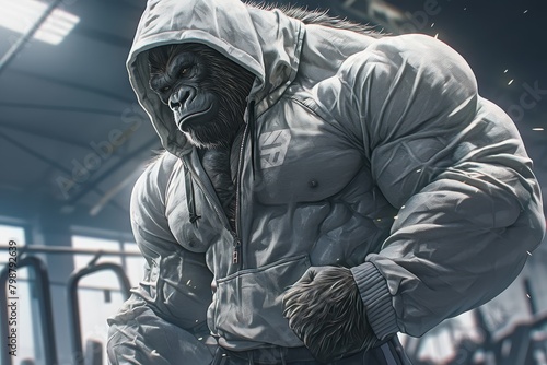 gorilla bodybuilder wearing a grey hoodie and black pants, posing in the gym 