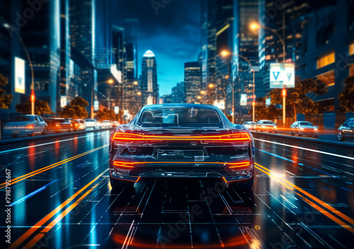 Diverse techies analyzing AI dashboards for autonomous vehicle development photo