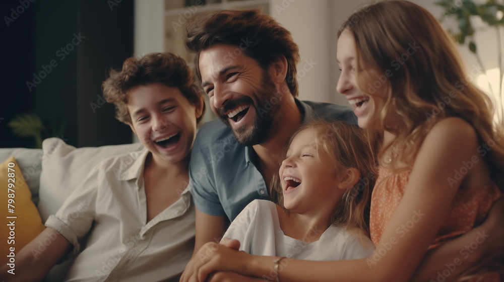 Joyful Family Laughing Together on a Comfortable Sofa in a Cozy Living Room